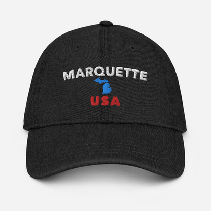 'Marquette USA' Denim Baseball Hat (w/ Michigan Outline)