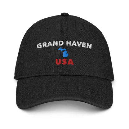 'Grand Haven USA' Denim Baseball Hat (w/ Michigan Outline)