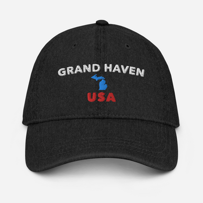 'Grand Haven USA' Denim Baseball Hat (w/ Michigan Outline)