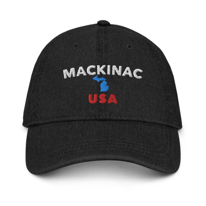 'Mackinac USA' Denim Baseball Cap (w/ Michigan Outline)