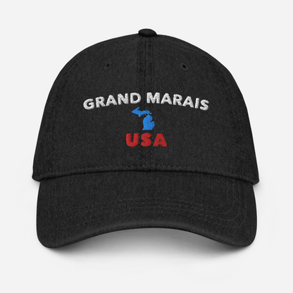 'Grand Marais USA' Denim Baseball Hat (w/ Michigan Outline)