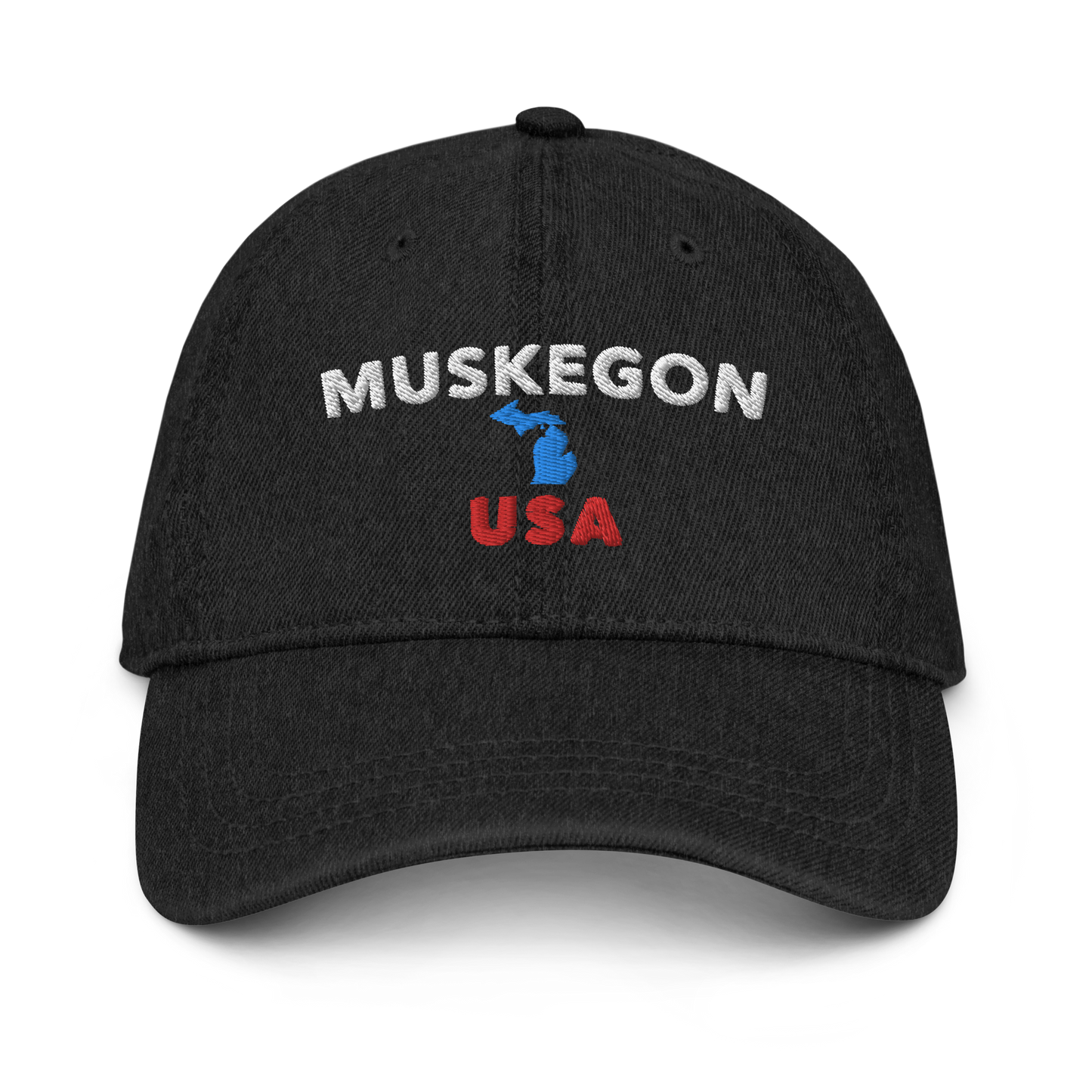 'Muskegon USA' Denim Baseball Hat (w/ Michigan Outline)