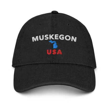 'Muskegon USA' Denim Baseball Hat (w/ Michigan Outline)