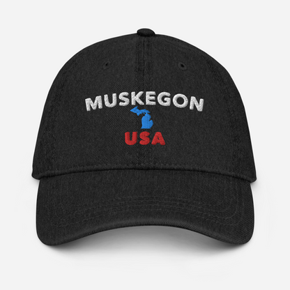 'Muskegon USA' Denim Baseball Hat (w/ Michigan Outline)