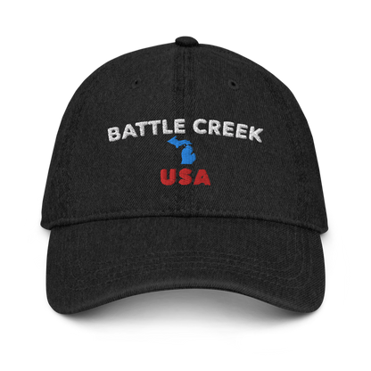 'Battle Creek USA' Denim Baseball Cap (w/ Michigan Outline)