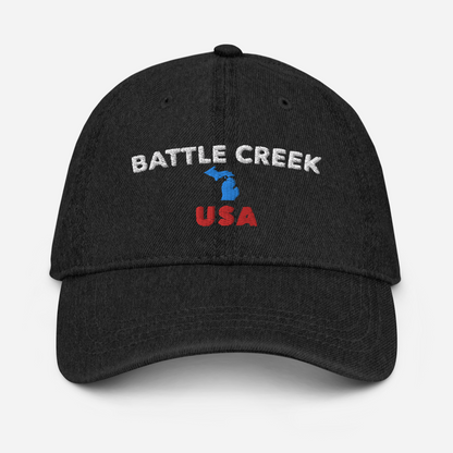 'Battle Creek USA' Denim Baseball Cap (w/ Michigan Outline)