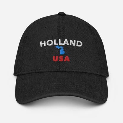 'Holland USA' Denim Baseball Cap (w/ Michigan Outline)