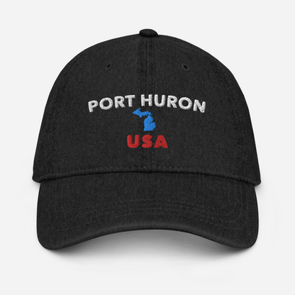 'Port Huron' Denim Baseball Cap (w/ Michigan Outline)