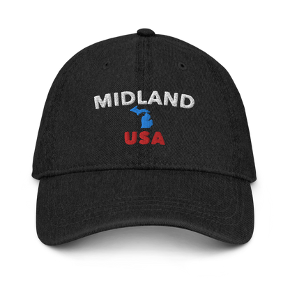 'Midland USA' Denim Baseball Cap (w/ Michigan Outline)