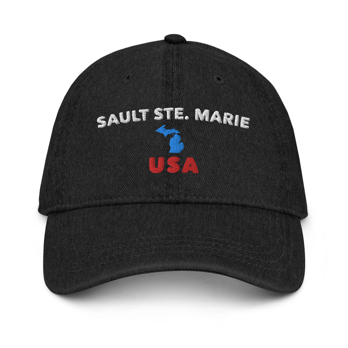 'Sault Ste. Marie USA' Denim Baseball Hat (w/ Michigan Outline)