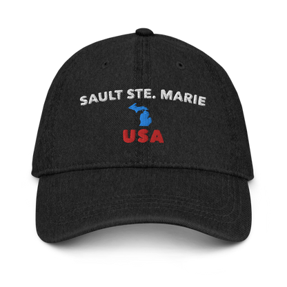 'Sault Ste. Marie USA' Denim Baseball Hat (w/ Michigan Outline)