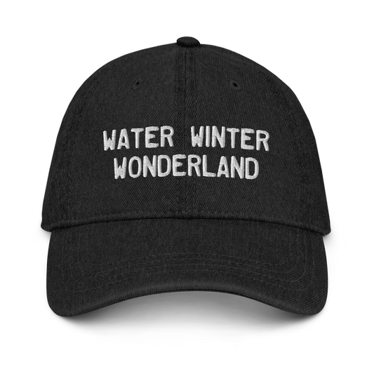 Michigan 'Water Winter Wonderland' Denim Baseball Cap (Licence Plate Font) | White/Navy Embroidery