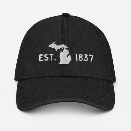 Michigan 'EST 1837' Denim Baseball Cap (Licence Plate Font w/ MI Outline)