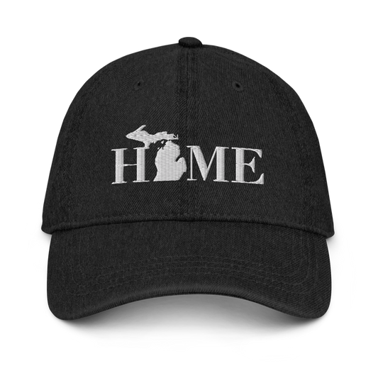 Michigan 'Home' Denim Baseball Cap (Didone Font) | White/Navy Embroidery