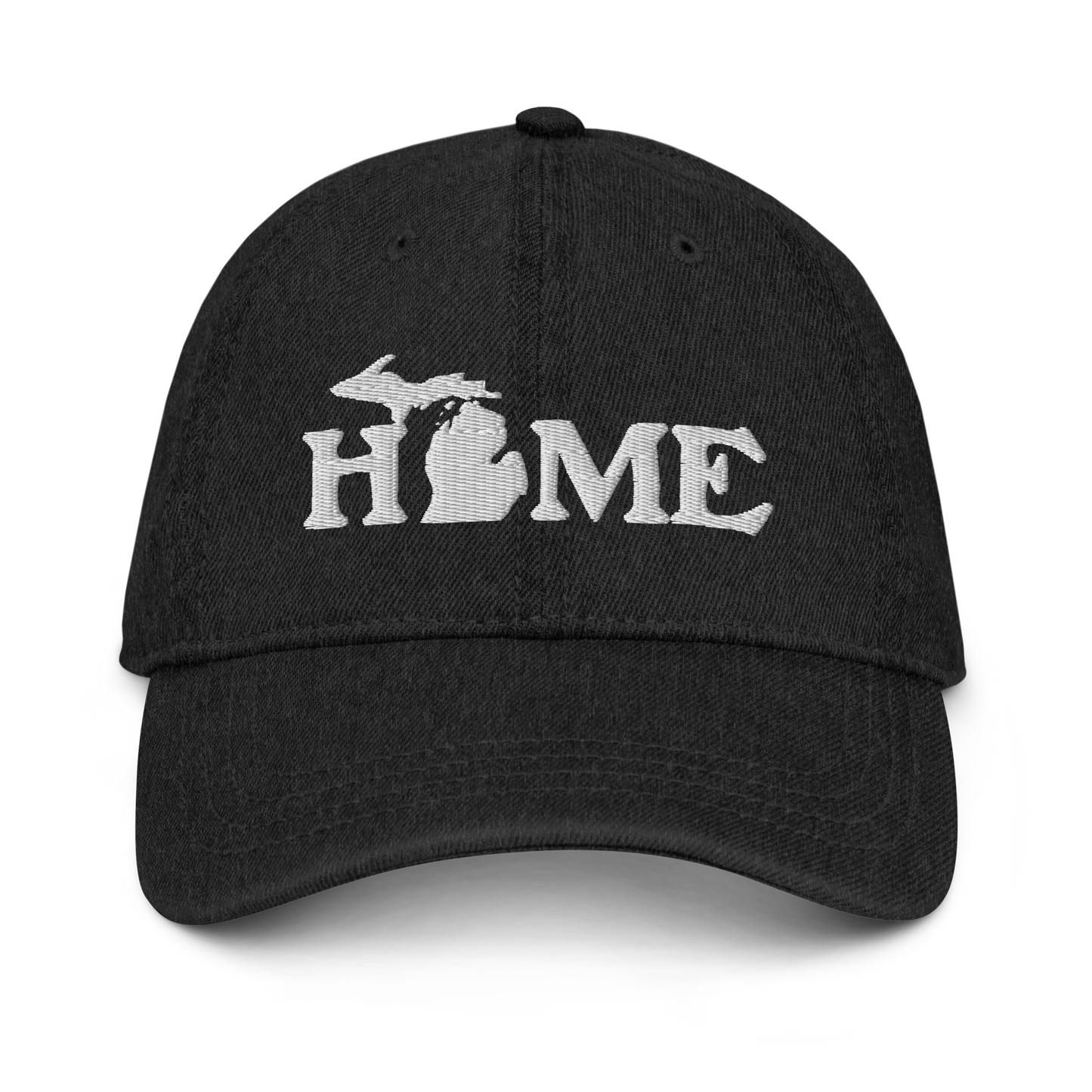 Michigan 'Home' Denim Baseball Cap (Woodcut Font) | White/Navy Embroidery