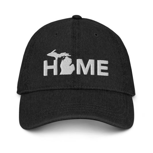 Michigan 'Home' Denim Baseball Cap (Geometric Sans Font) | White/Navy Embroidery