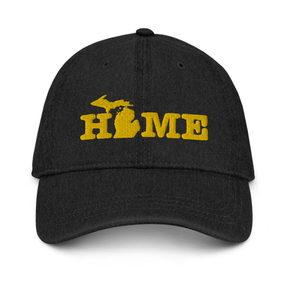 Michigan 'Home' Denim Baseball Cap (Typewriter Font) | Gold Embroidery