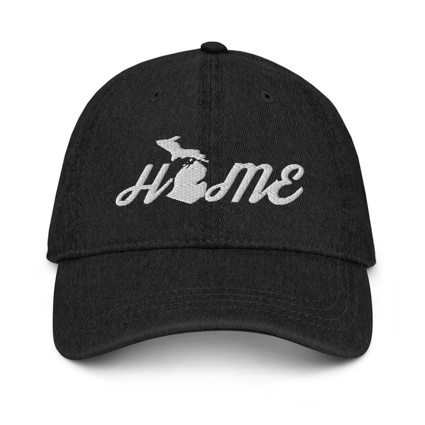 Michigan 'Home' Denim Baseball Cap (Script Font) | White/Navy Embroidery