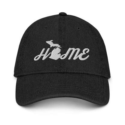 Michigan 'Home' Denim Baseball Cap (Script Font) | White/Navy Embroidery