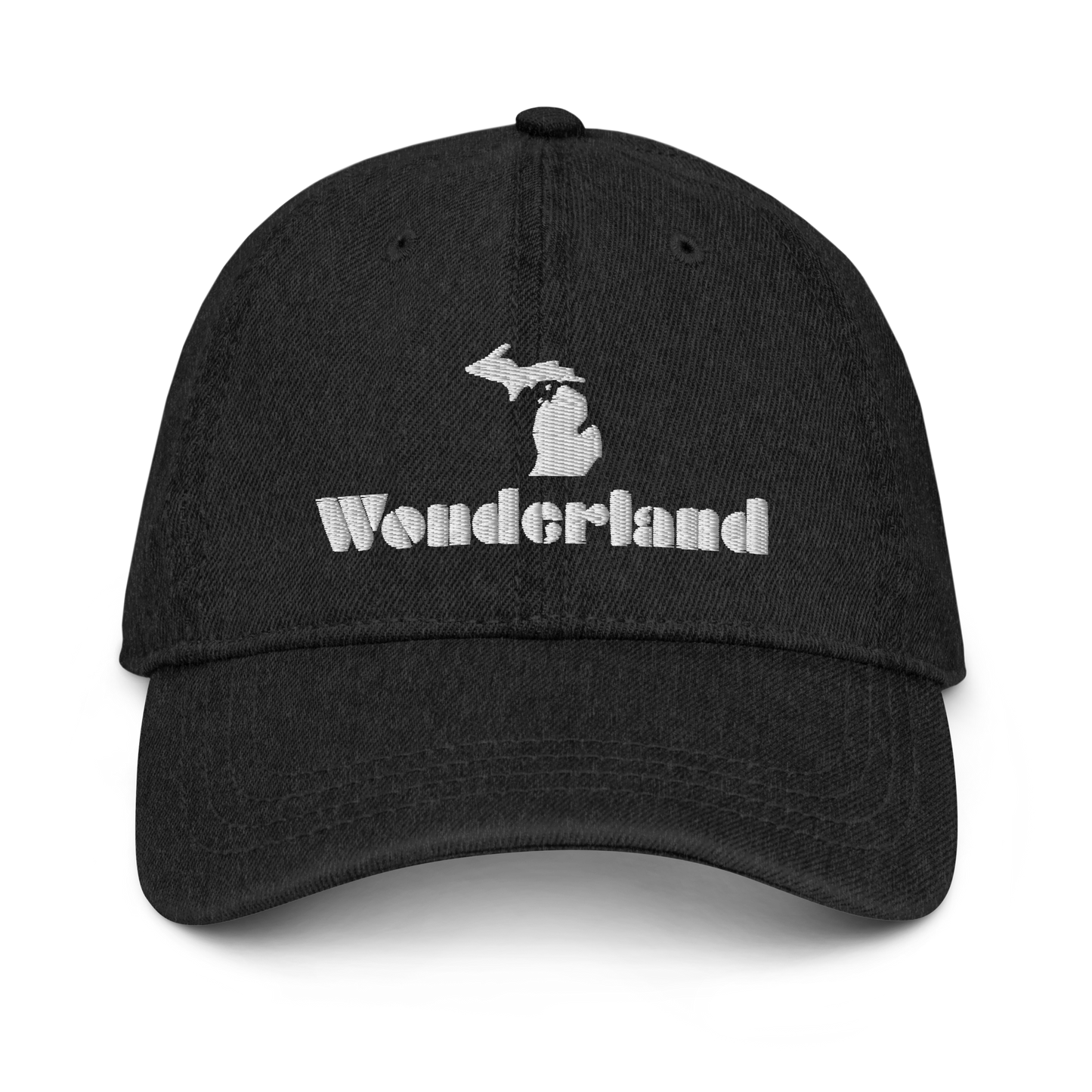 Michigan 'Wonderland' Denim Baseball Cap (Art Deco Font w/ MI Outline) | White/Navy Embroidery