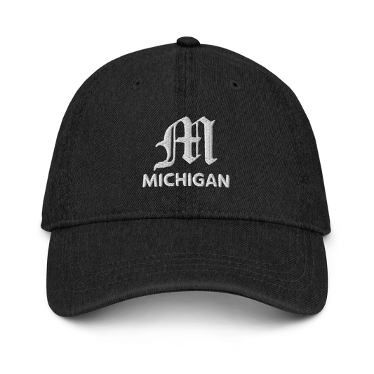 Michigan Old English 'M' Denim Baseball Cap | White/Navy Embroidery