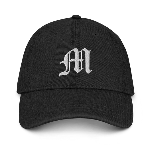 Michigan Old English 'M' Denim Baseball Cap (w/  'Michigan' Back Design) | White/Navy Embroidery