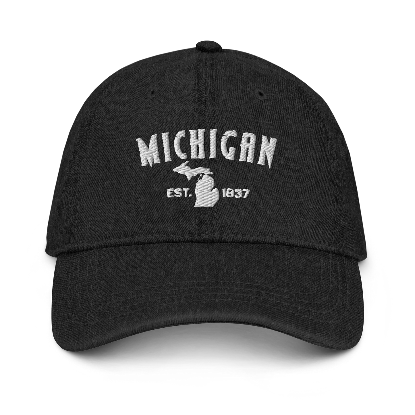 'Michigan EST 1837' Denim Baseball Cap (Vicious Mustelid Font) | White/Navy Embroidery