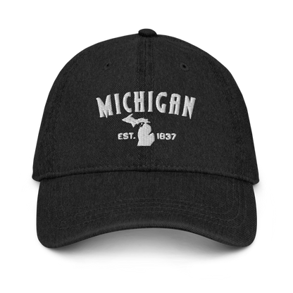 'Michigan EST 1837' Denim Baseball Cap (Vicious Mustelid Font) | White/Navy Embroidery