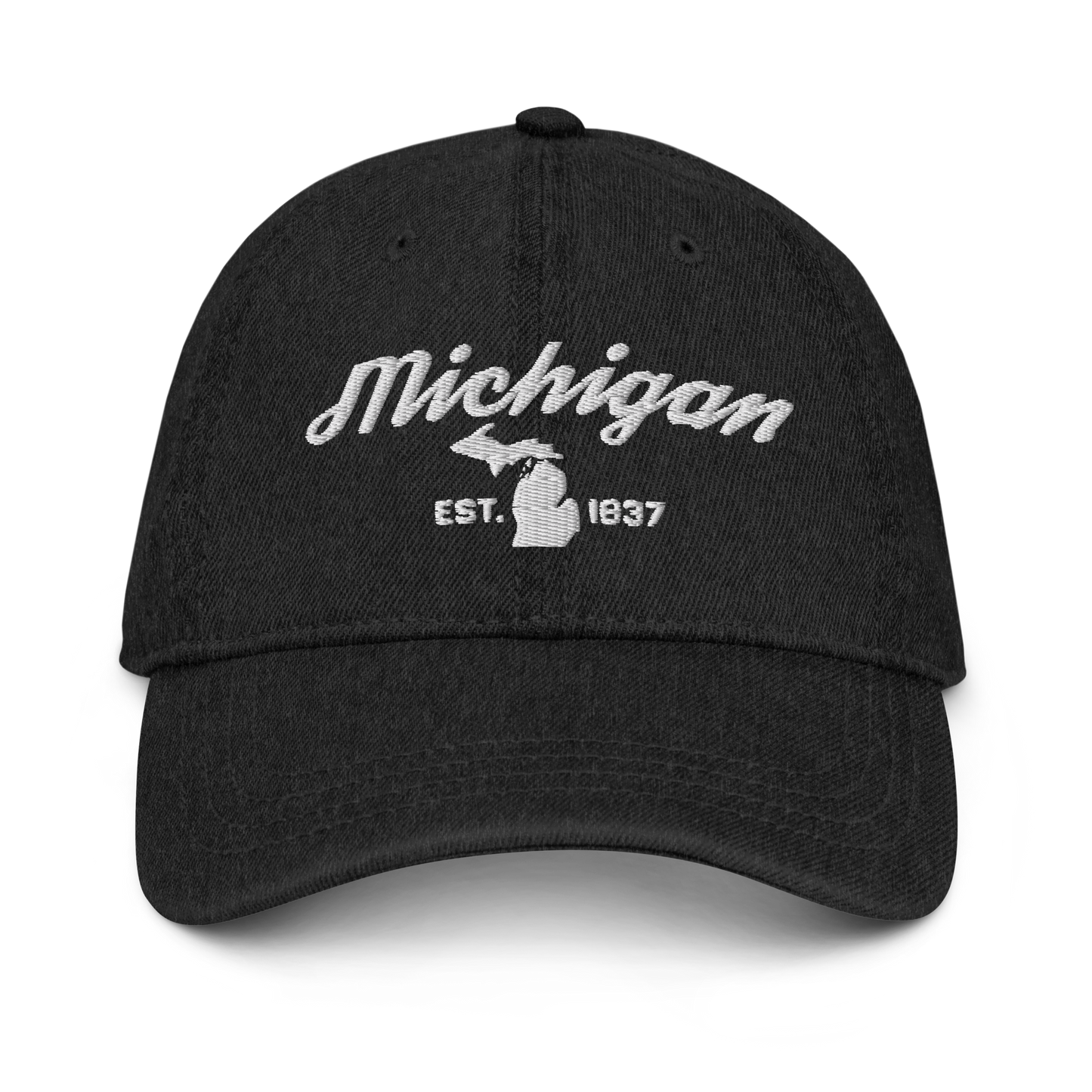 'Michigan EST 1837' Denim Baseball Cap (Script Font) | White/Navy Embroidery