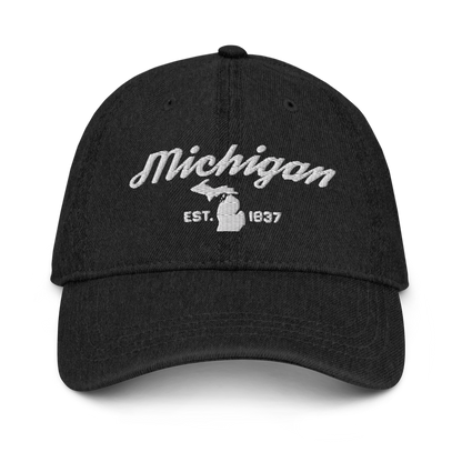 'Michigan EST 1837' Denim Baseball Cap (Script Font) | White/Navy Embroidery