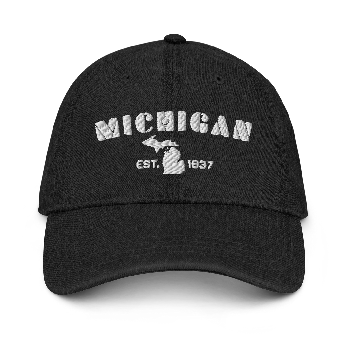 'Michigan EST 1837' Denim Baseball Cap (Art Deco Font) | White/Navy Embroidery