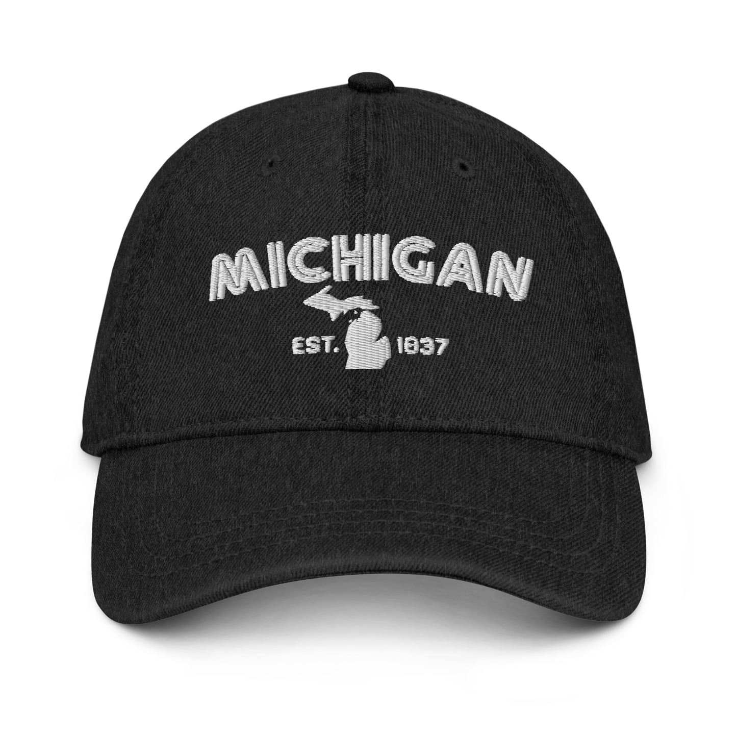 'Michigan EST 1837' Denim Baseball Cap (Metalpress Font) | White/Navy Embroidery