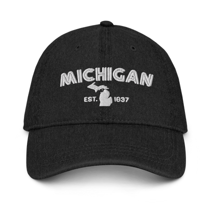 'Michigan EST 1837' Denim Baseball Cap (Metalpress Font) | White/Navy Embroidery