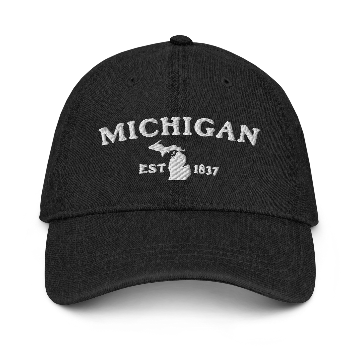 'Michigan EST 1837' Denim Baseball Cap (Woodcut Font) | White/Navy Embroidery