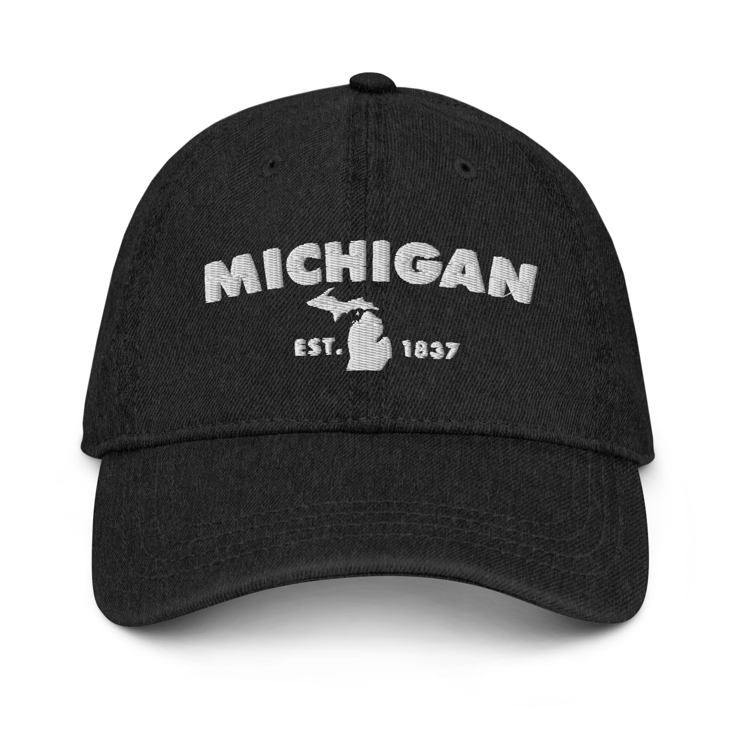 'Michigan EST 1837' Denim Baseball Cap (Geometric Sans Font) | White/Navy Embroidery