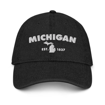 'Michigan EST 1837' Denim Baseball Cap (Geometric Sans Font) | White/Navy Embroidery