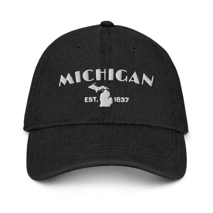 'Michigan EST 1837' Denim Baseball Cap (Theatrical Art Deco Font) | White/Navy Embroidery