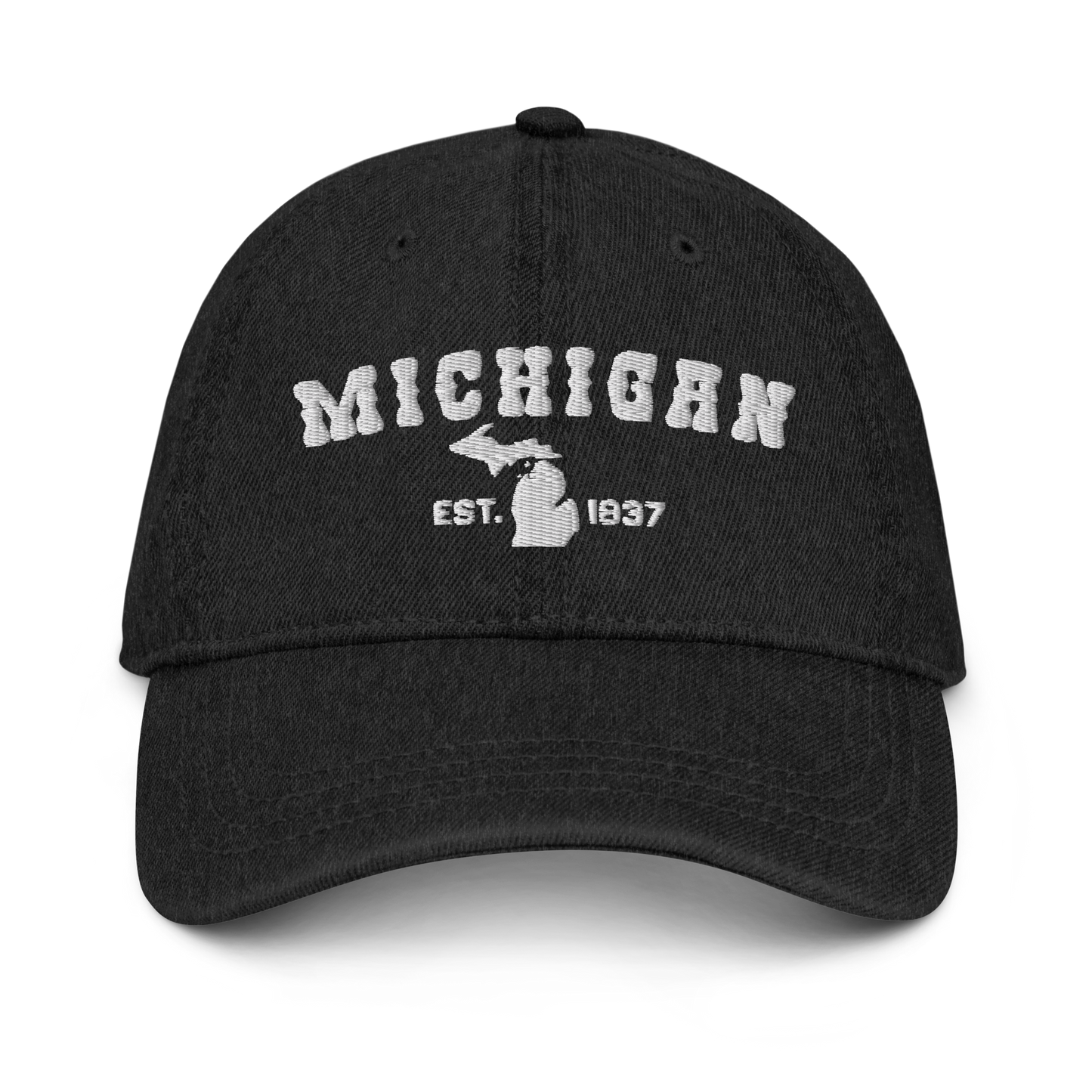 'Michigan EST 1837' Denim Baseball Cap (Western Font) | White/Navy Embroidery