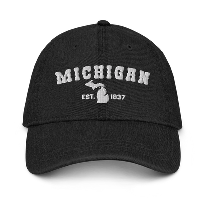 'Michigan EST 1837' Denim Baseball Cap (Western Font) | White/Navy Embroidery