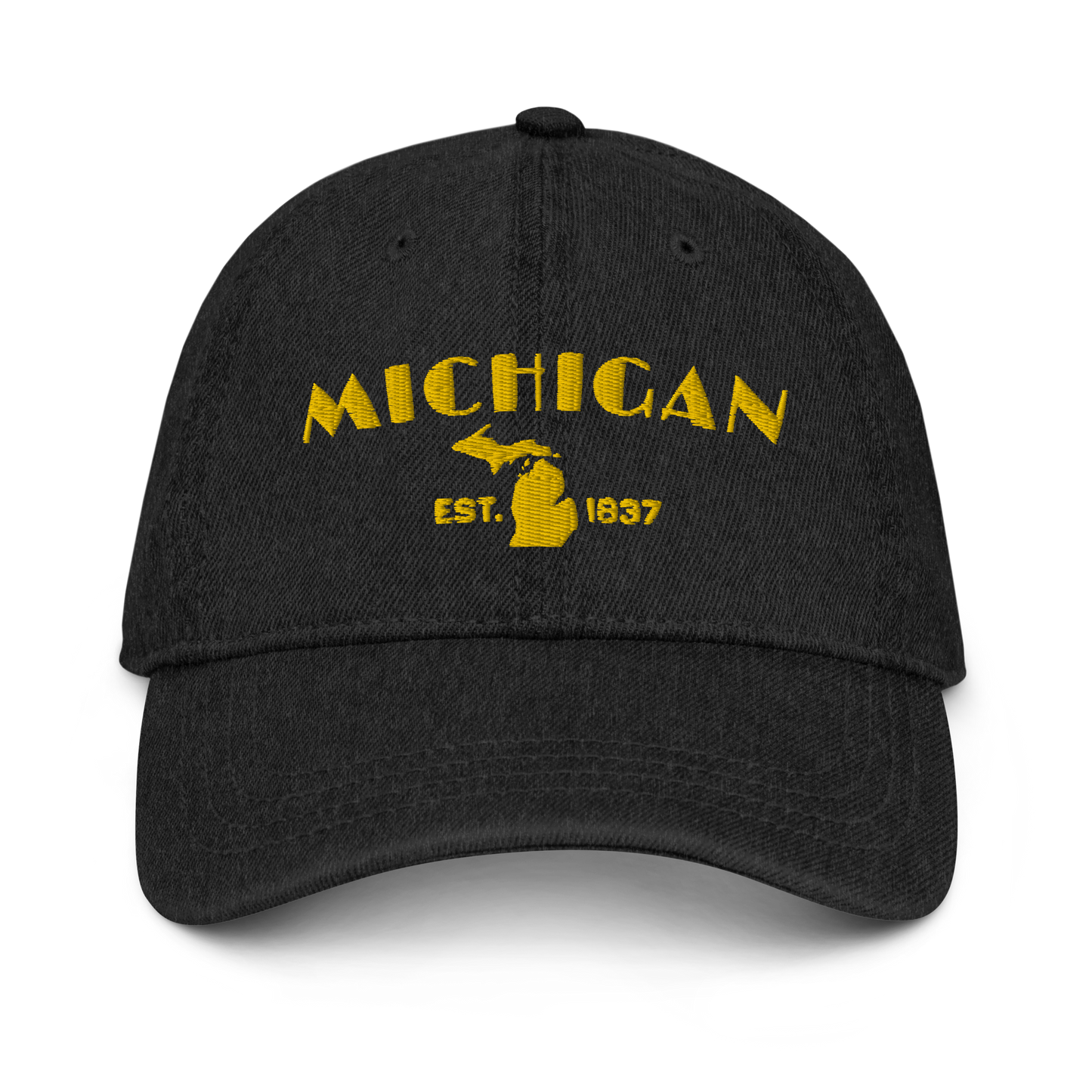 'Michigan EST 1837' Denim Baseball Cap (Theatrical Art Deco Font) | Gold Embroidery