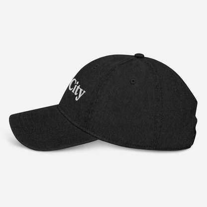 'Bay City' Denim Baseball Cap | White/Black Embroidery