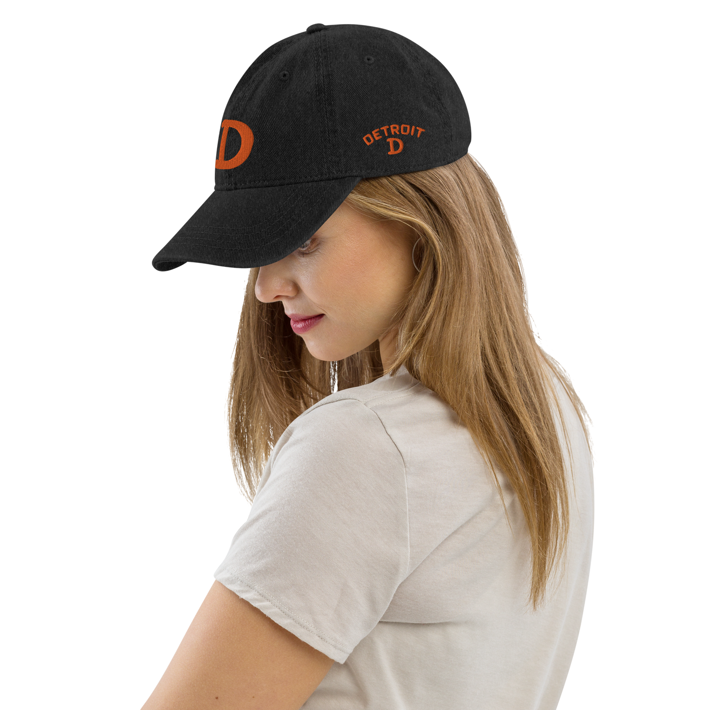 Detroit 'Old French D' Denim Baseball Cap (w/ Side Design) | Orange Embroidery