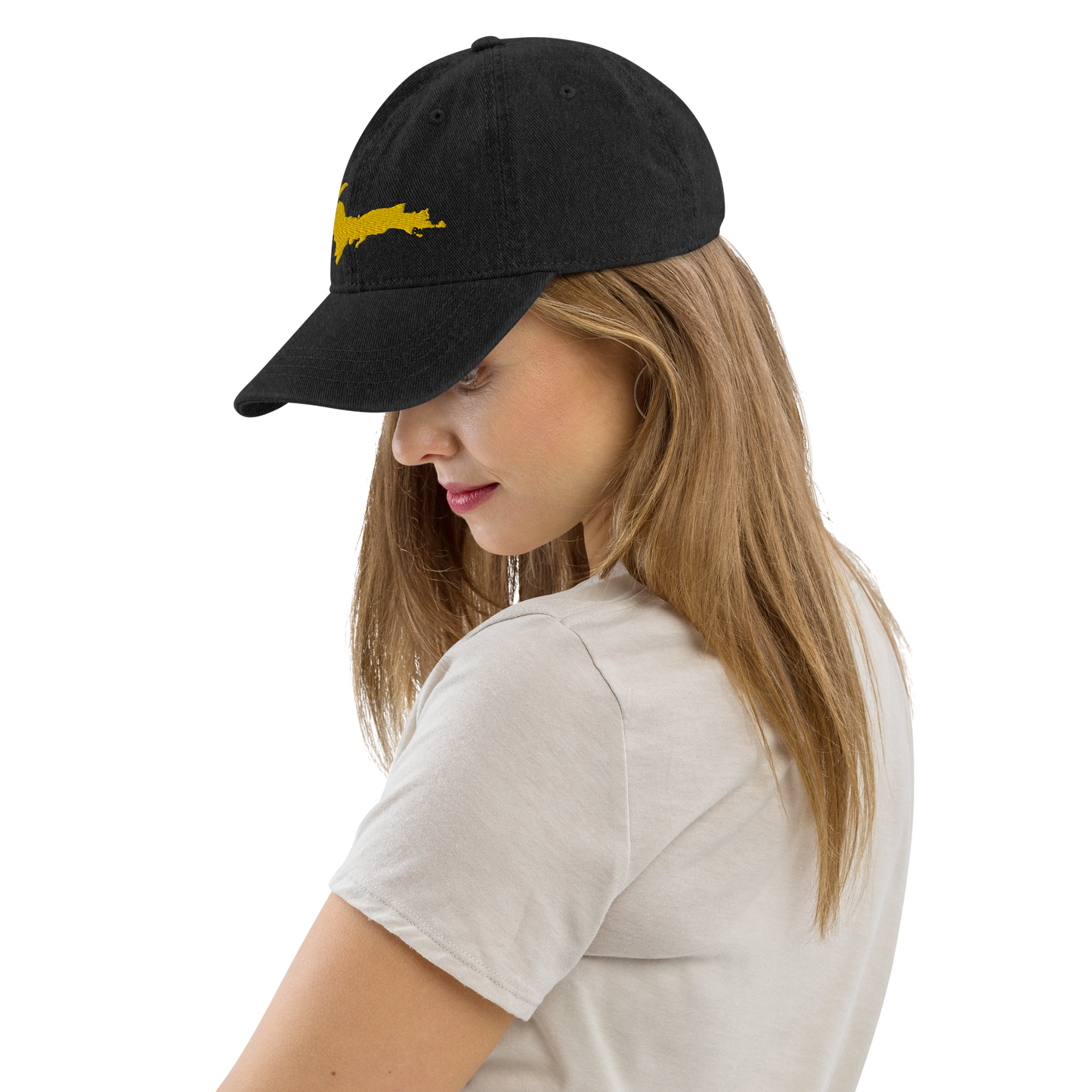 Michigan Upper Peninsula Denim Baseball Cap (w/ Gold Outline)