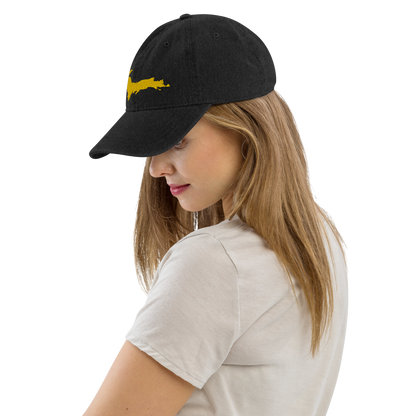 Michigan Upper Peninsula Denim Baseball Cap (w/ Gold Outline)