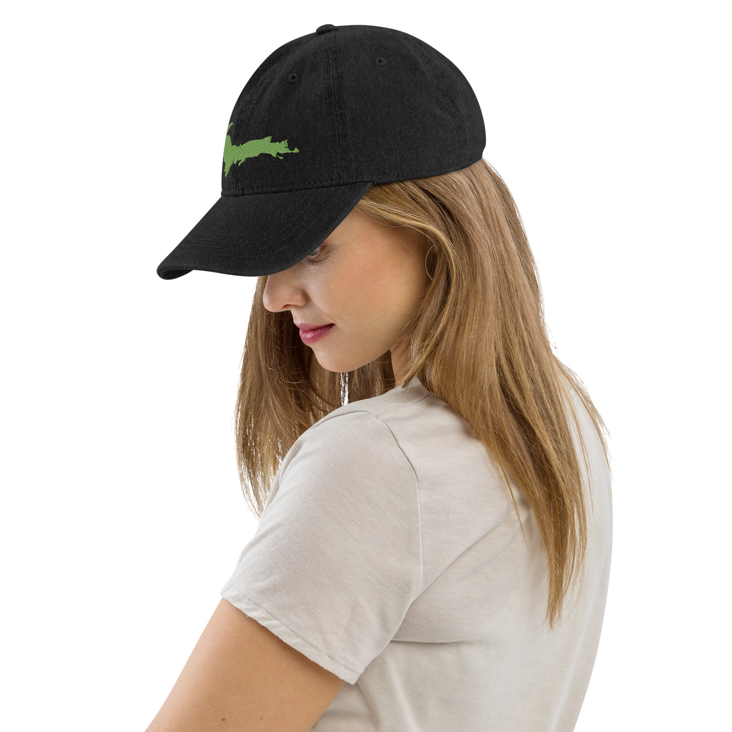 Michigan Upper Peninsula Denim Baseball Cap (w/ Green UP Outline)