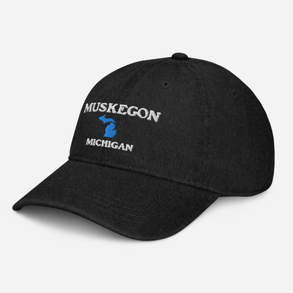 'Muskegon Michigan' Denim Baseball Cap (w/ Michigan Outline)