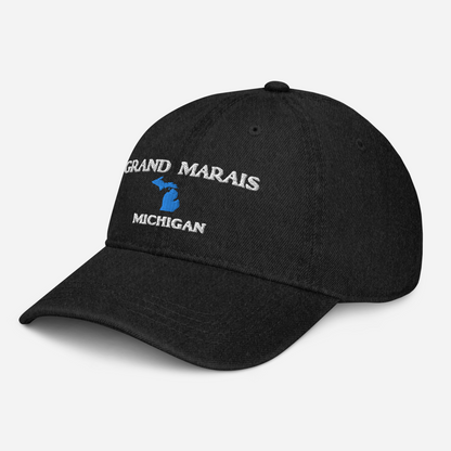 'Grand Marais Michigan' Denim Baseball Cap (w/ Michigan Outline)
