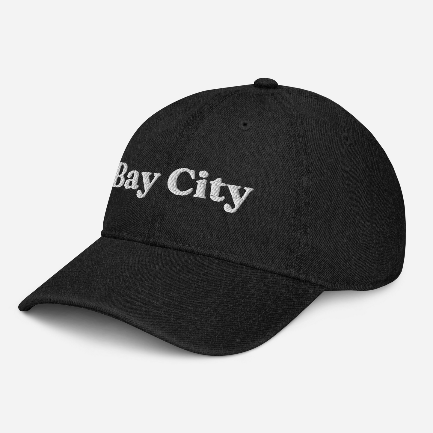 'Bay City' Denim Baseball Cap | White/Black Embroidery