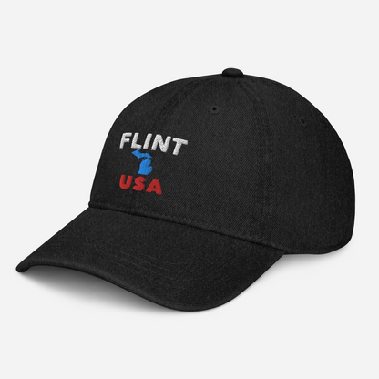 'Flint USA' Denim Baseball Cap (w/ Michigan Outline)