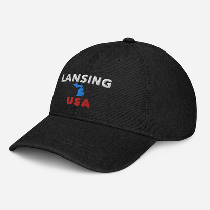 'Lansing USA' Denim Baseball Cap (w/ Michigan Outline)